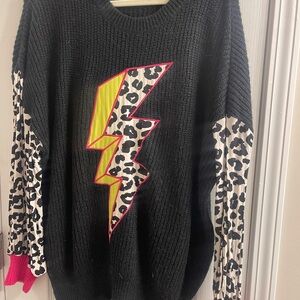 Crazy Train Black Sweater with Leopard Lightning Bolt